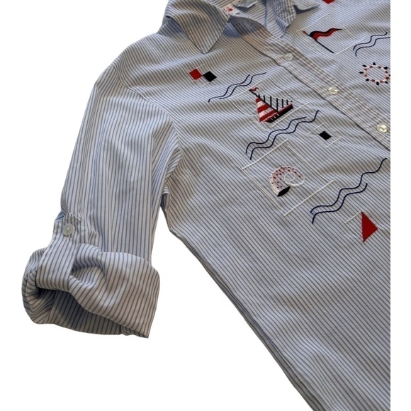 Alia Sport Nautical Boats & Stripes Vintage Button Down Blouse - Size Medium - Picture 5 of 9